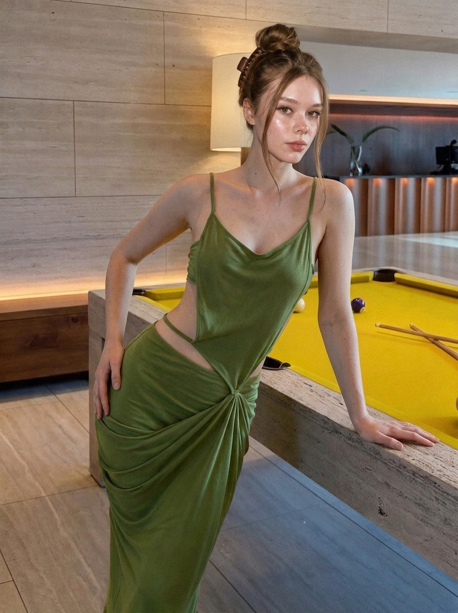 Olive Satin Gown Billiards Lounge