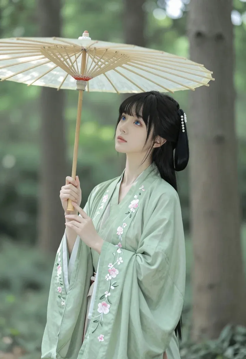 Young Woman Stands Sun-dappled Forest Holding Traditional Paper Parasol Above