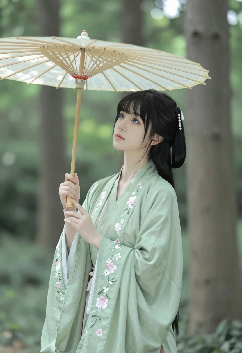 A young woman stands in a sun-dappled forest, holding a traditional paper parasol, bathed in soft natural light.
