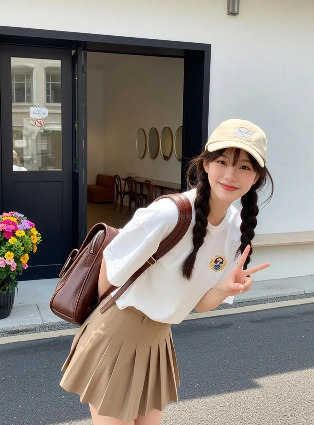 Pigtails Pleated Skirt Peace Sign
