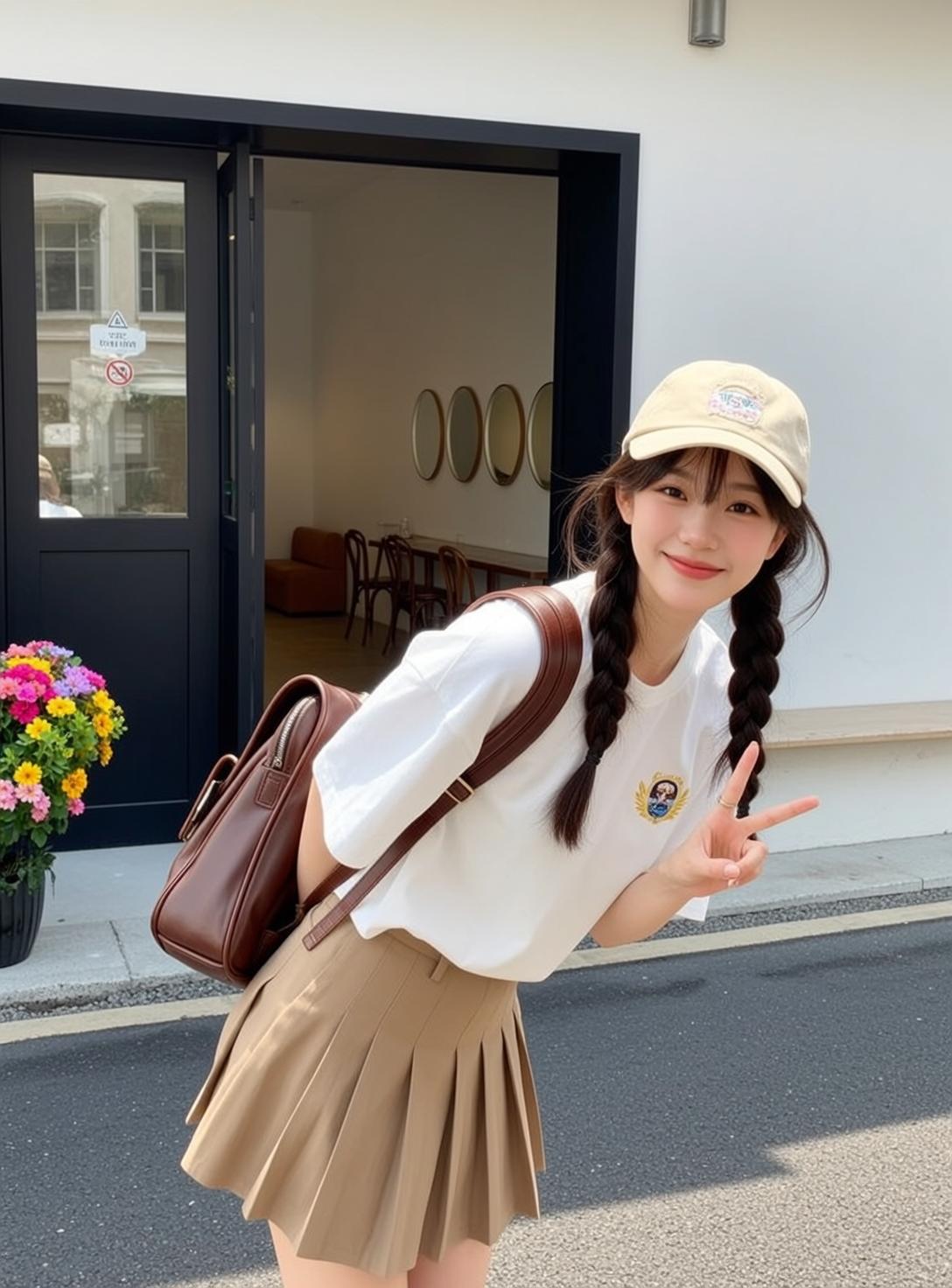 Pigtails Pleated Skirt Peace Sign