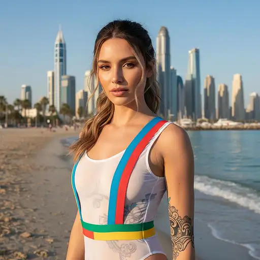 A young slender woman with medium-length dark blonde hair stands on a beach, wearing a sheer white bodysuit and colorful straps under bright daylight.
