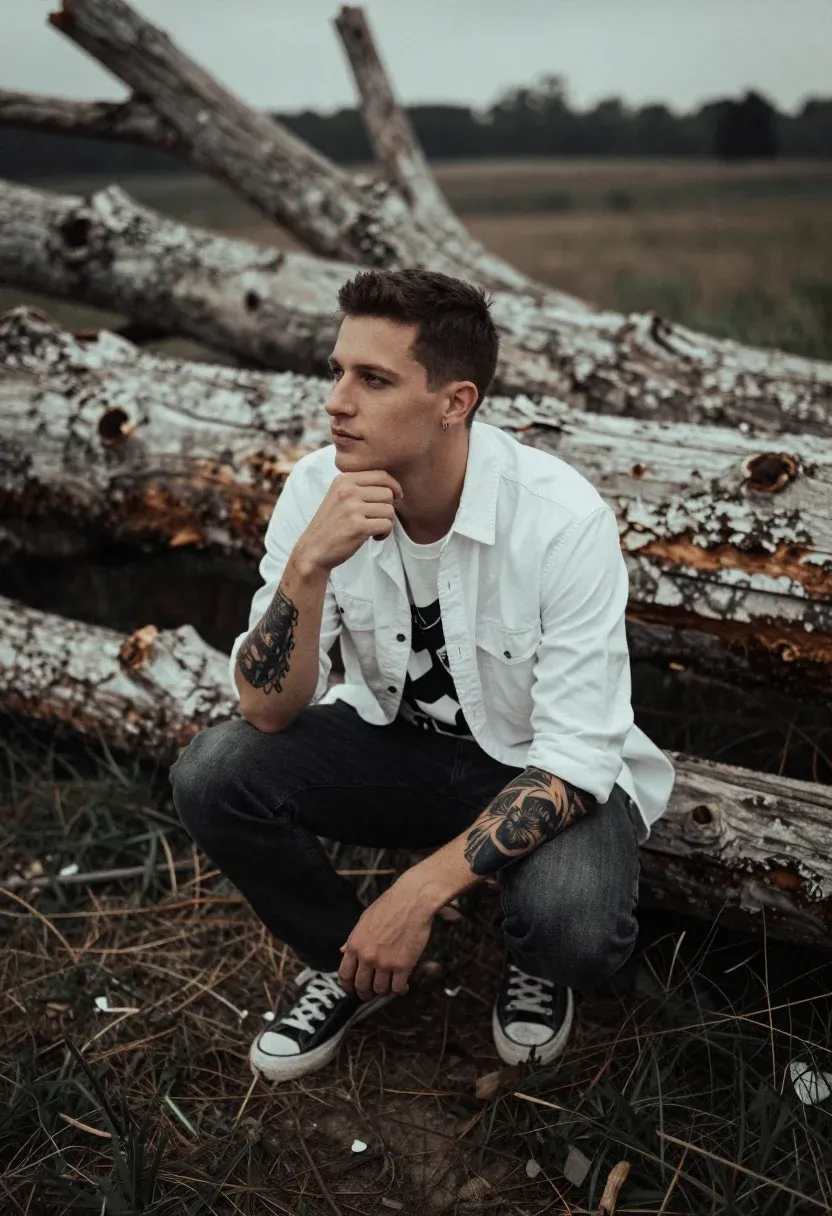 Man Crouching Contemplative Pose With His Hand His Chin Set