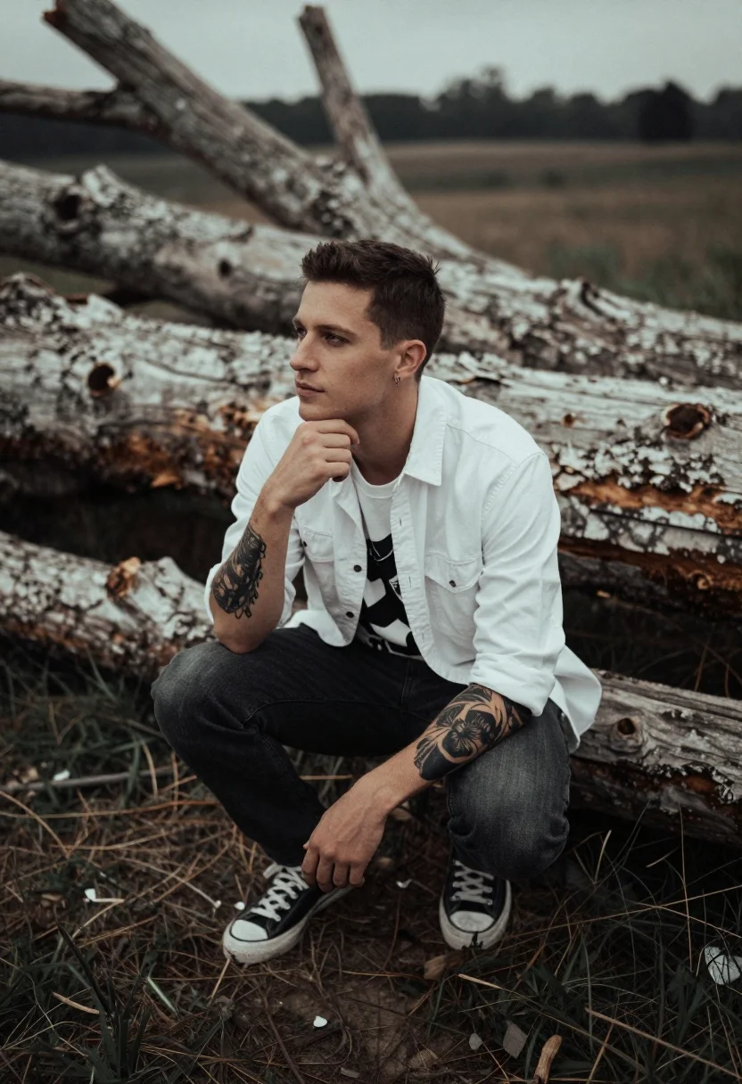 A man crouching in a contemplative pose with his hand on his chin, surrounded by large fallen tree trunks.