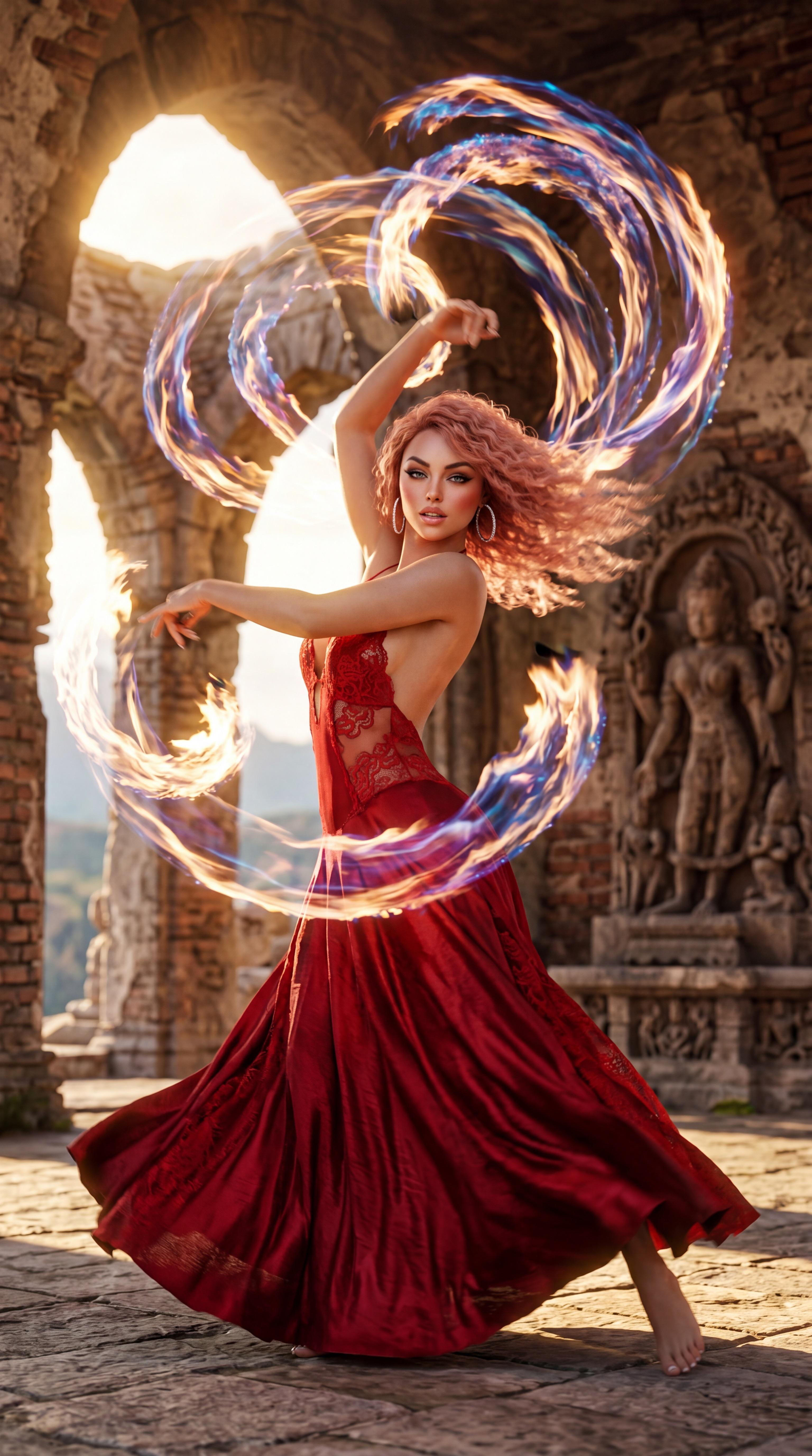 Dancer In Red Dress Fire Ribbons Ancient Ruins Golden Hour