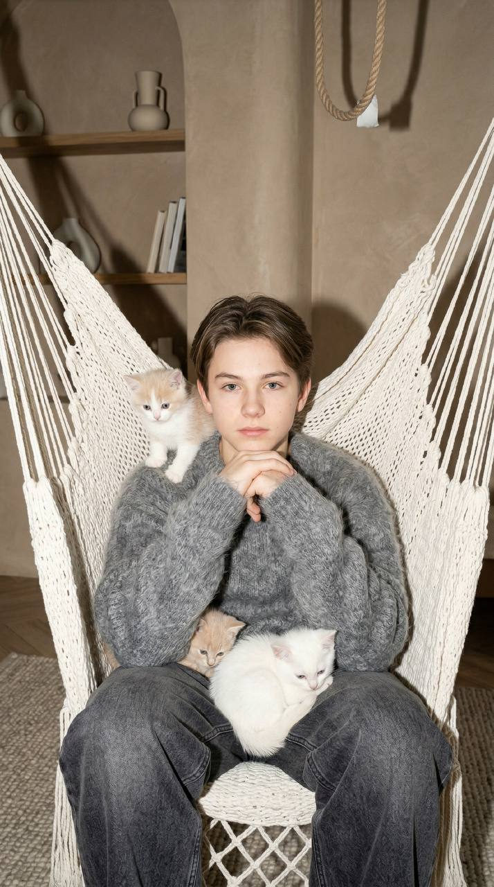 A teen boy sits on a white woven chair, surrounded by playful kittens in a modern beige interior.