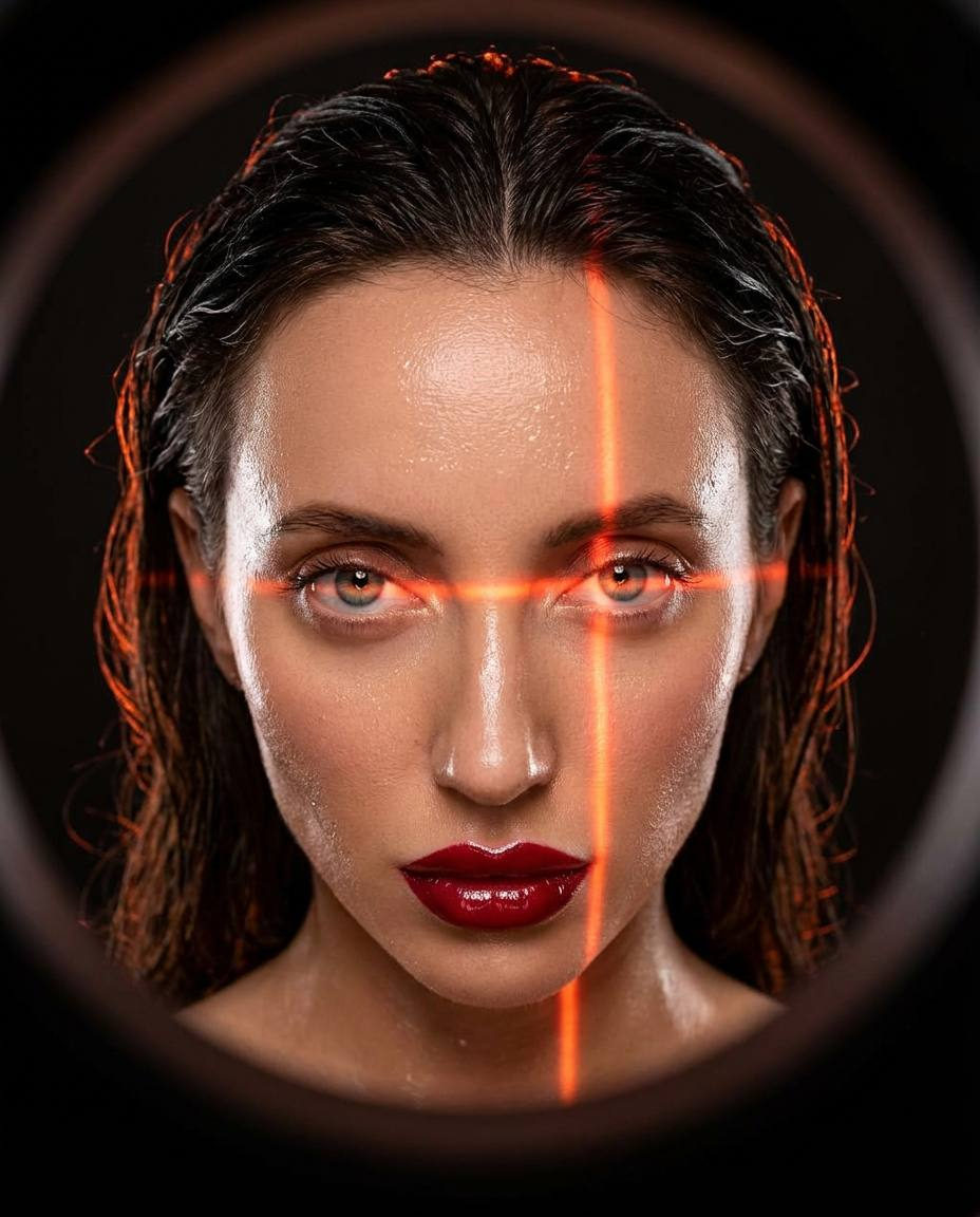 Extreme close-up portrait featuring dark glossy hair, direct gaze, and deep red lips in high-contrast lighting.