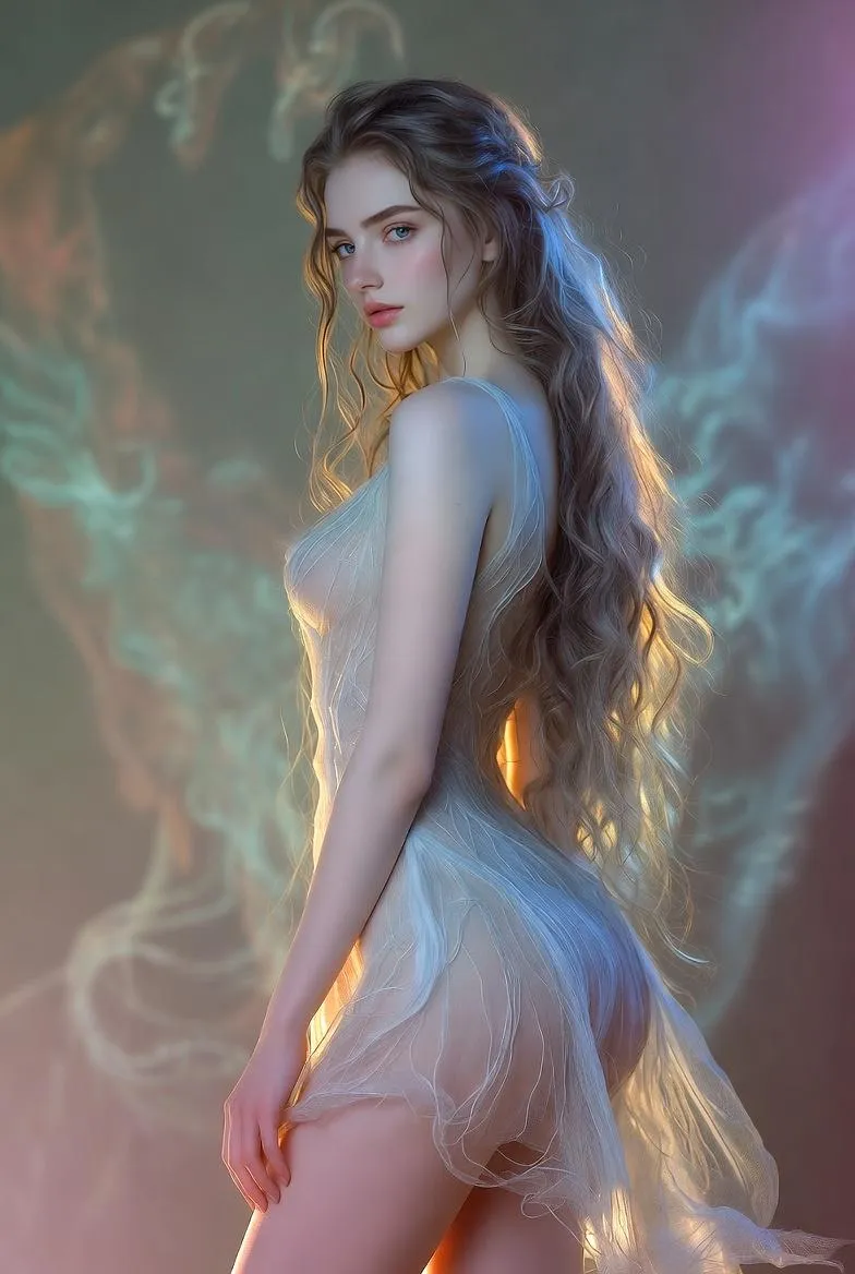 Dreamy Morning Fantasy Portrait Sheer Pale Dress Flowing Mist