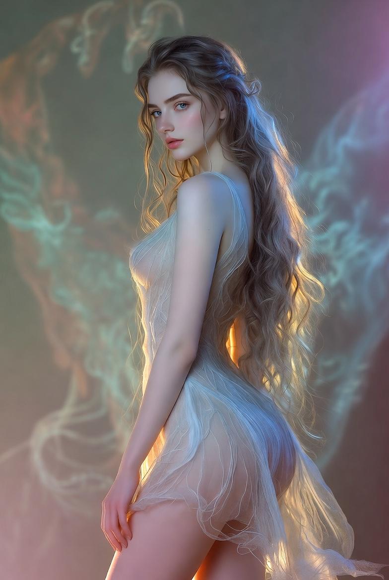 Dreamy Morning Fantasy Portrait Sheer Pale Dress Flowing Mist