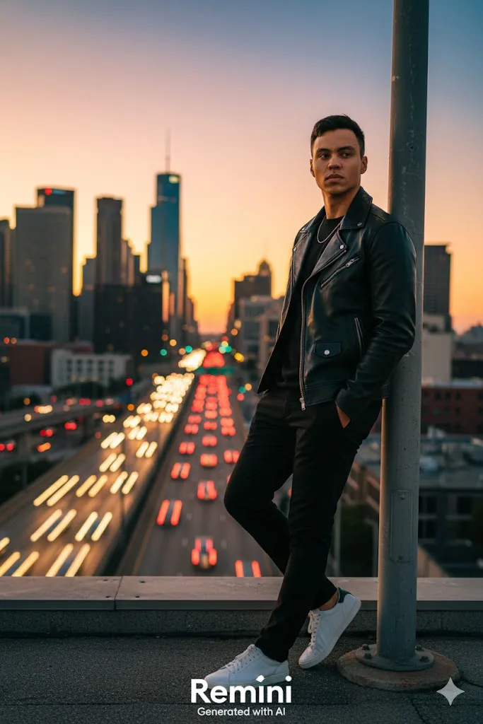 Urban Sunset Leather Jacket Portrait