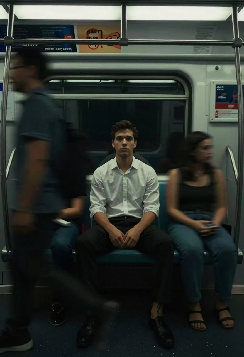 Solitary Man Sitting Subway Seat While Blurred Motion Streaks Surround reference photo