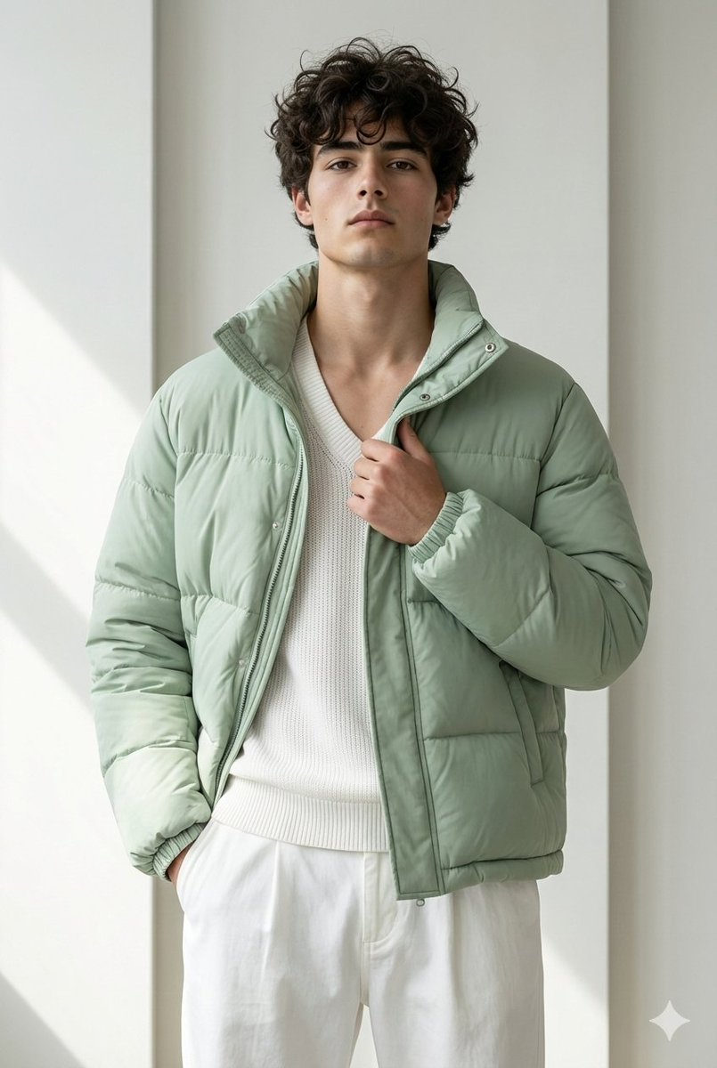 A stylish young man poses confidently in a pastel green puffer jacket, showcasing a bold attitude in a clean indoor studio.