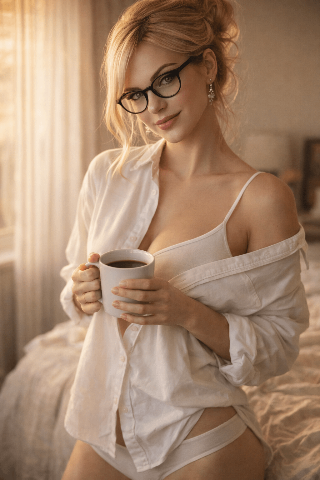 Cozy Bedroom Morning Coffee Woman Oversized Shirt
