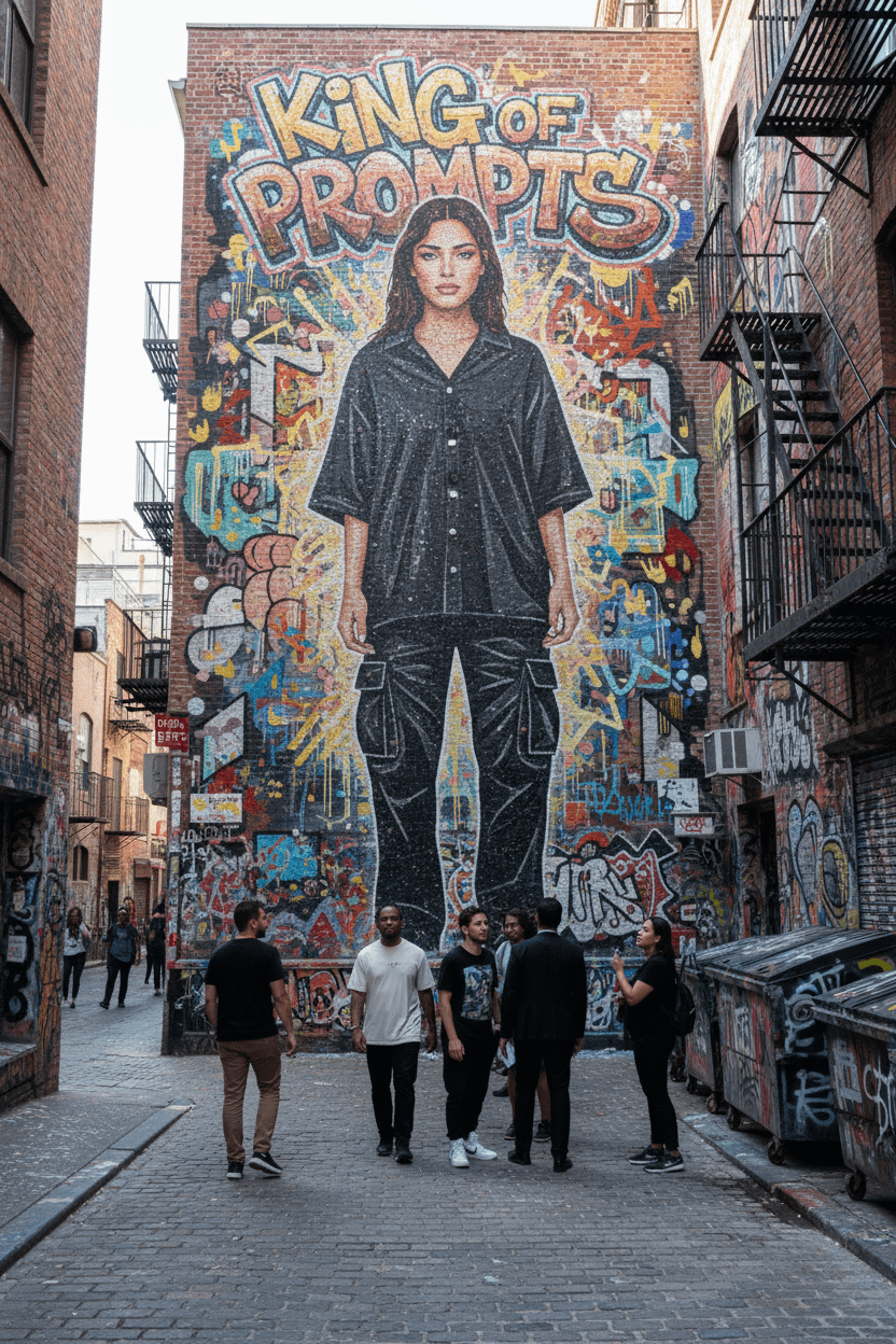 A vibrant mosaic mural in a graffiti-filled alley featuring a gender-neutral person in black oversized clothing.