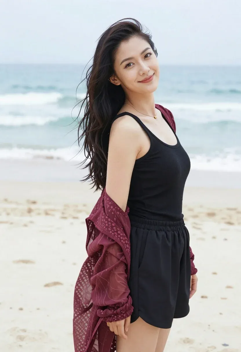 Young Woman With Long Dark Hair Stands Beach Looking Over