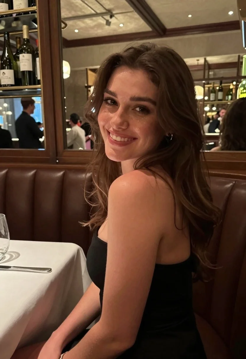 Smiling Woman With Long Brown Hair Looks Back Over Her reference photo
