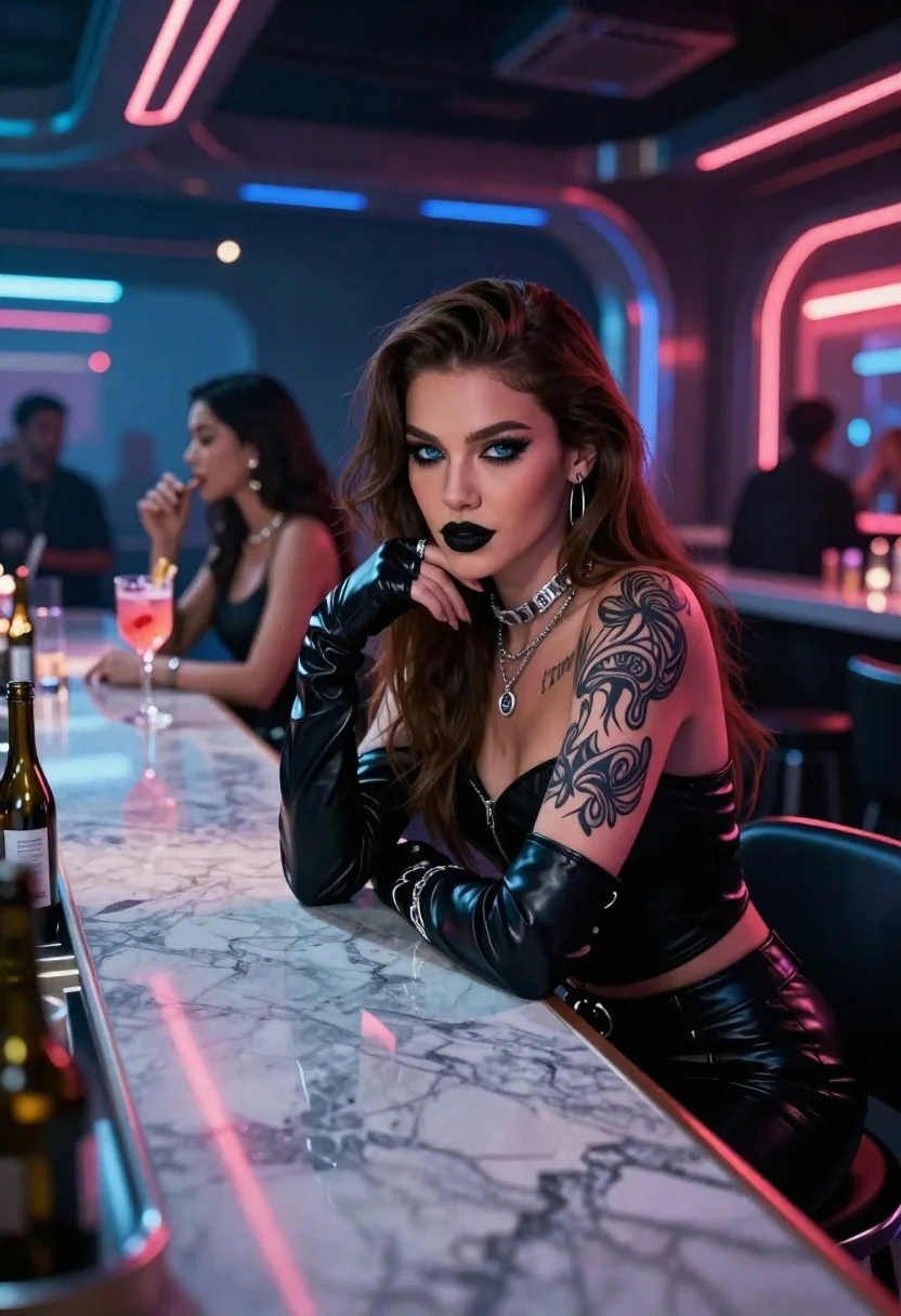 Futuristic Night Scene Inside Neon-lit Bar Subject Beautiful Woman With reference photo