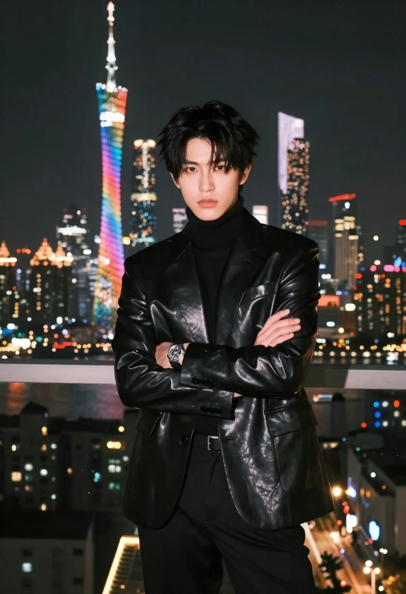 Sharp Portrait Stylish Young Man Standing Against Vibrant City Skyline reference photo