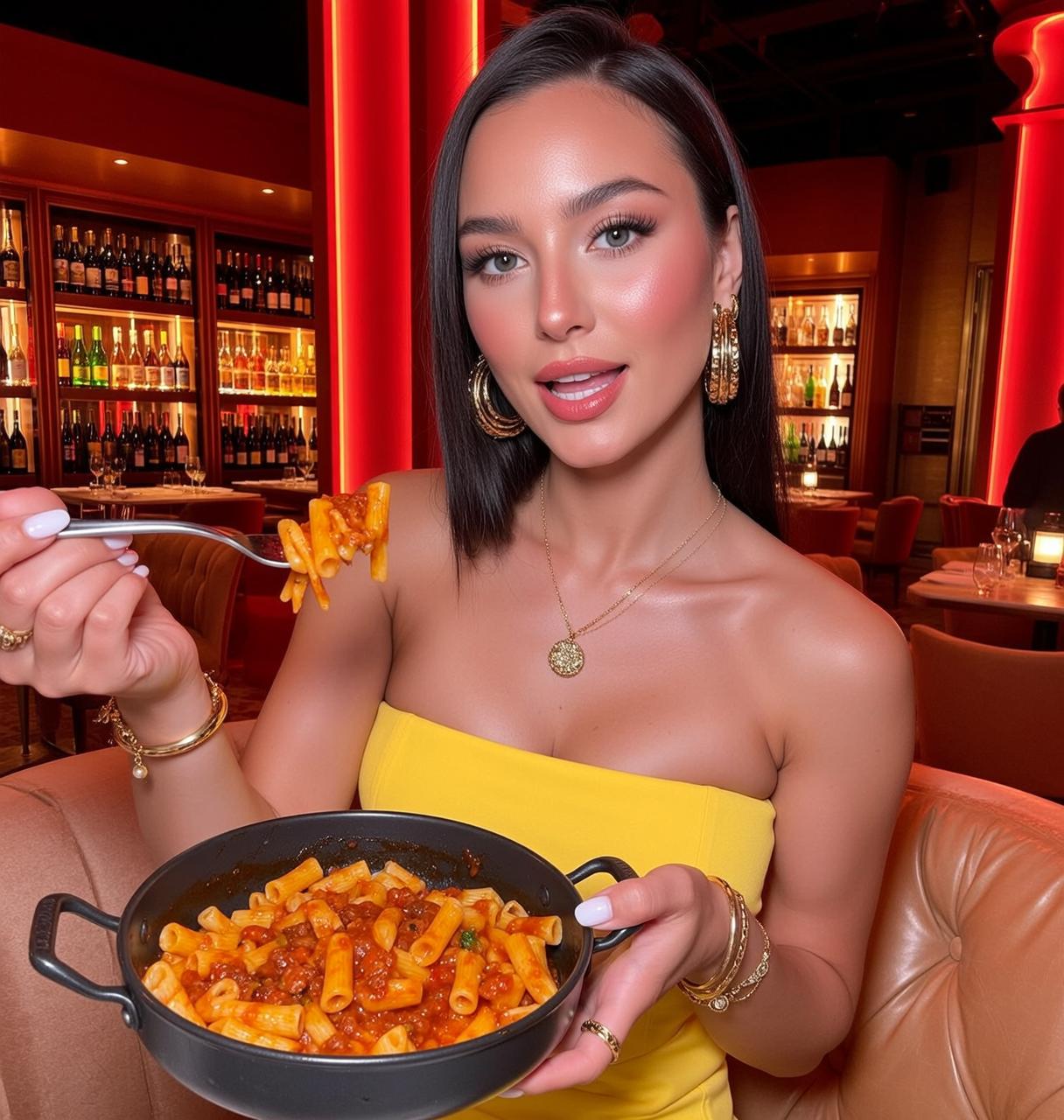 Explore Seated Holding Black Pan Rigatoni Pasta