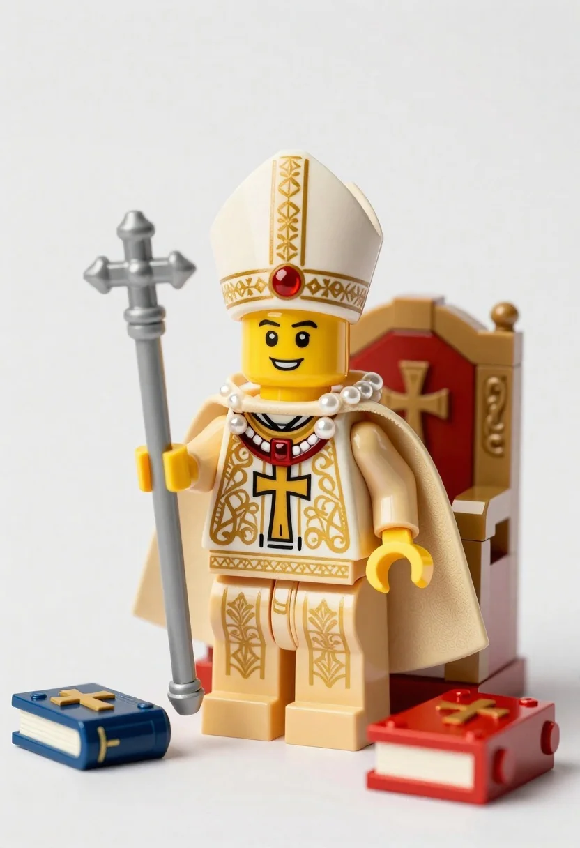 High-quality Product Photograph Lego Minifigure Dressed Ornate Bishop Standing Against reference photo
