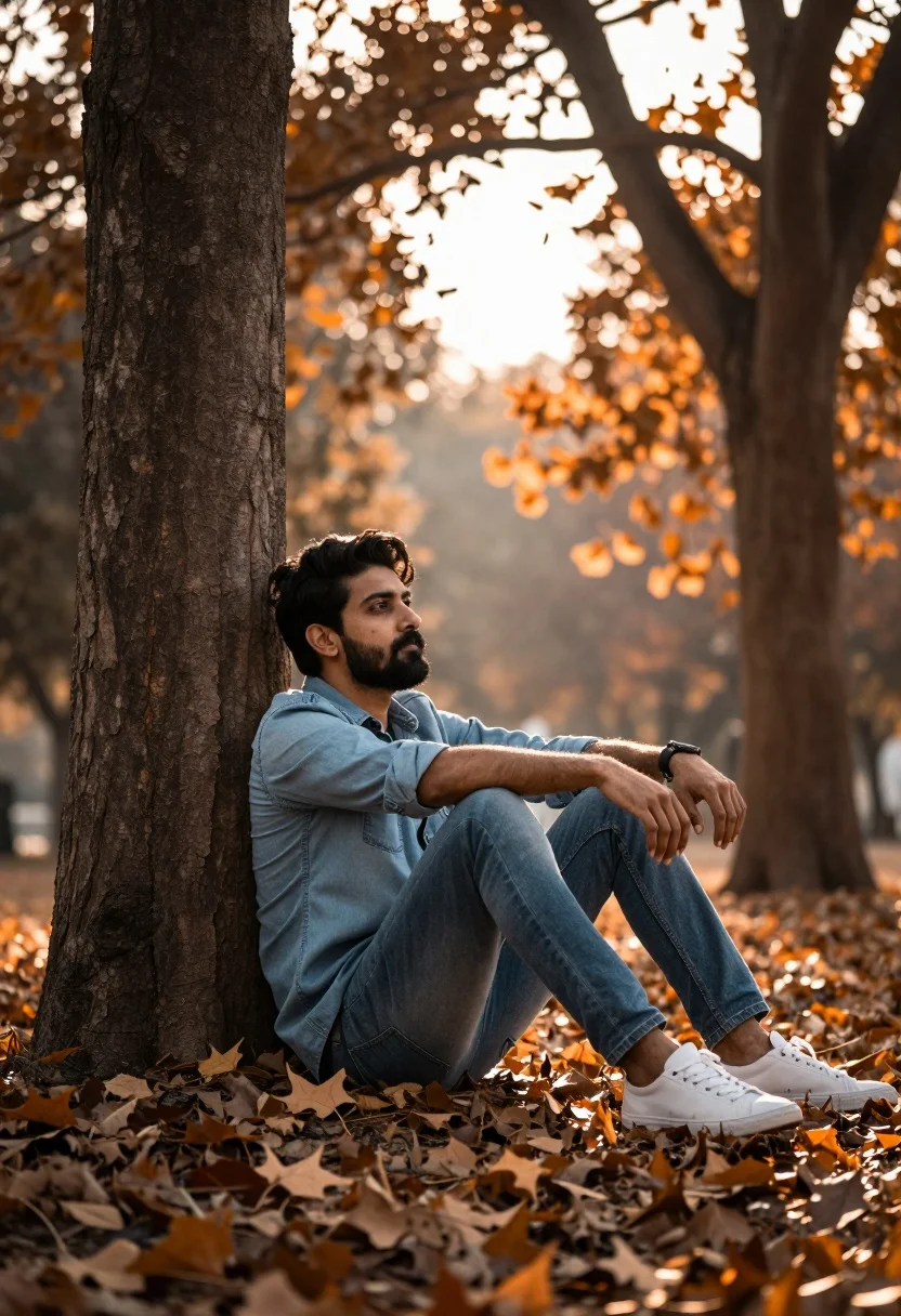 Man Sits Leaning Against Tree Autumnal Park Setting With Warm