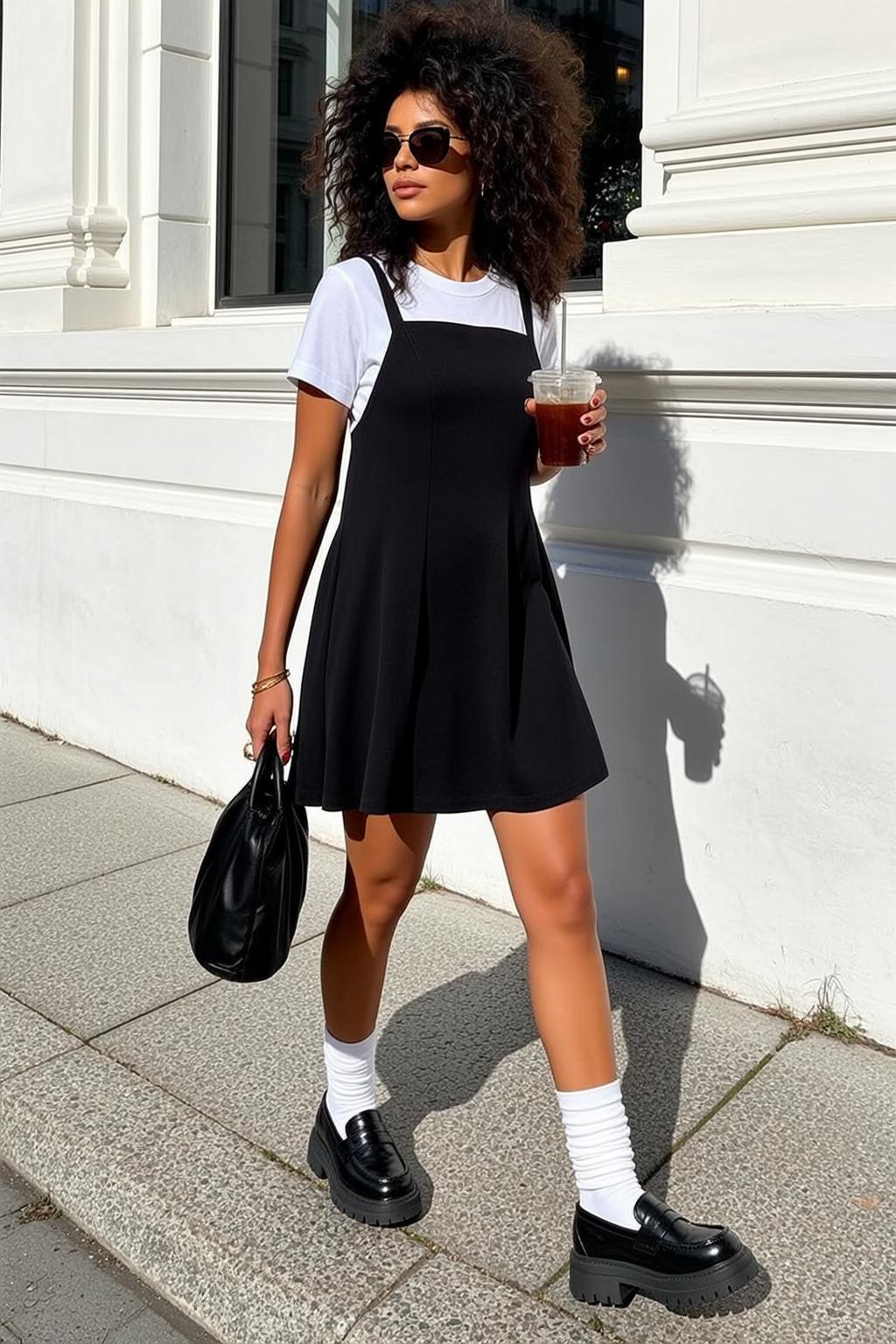 Black Pinafore Dress White T Shirt City Street Sidewalk Pavement