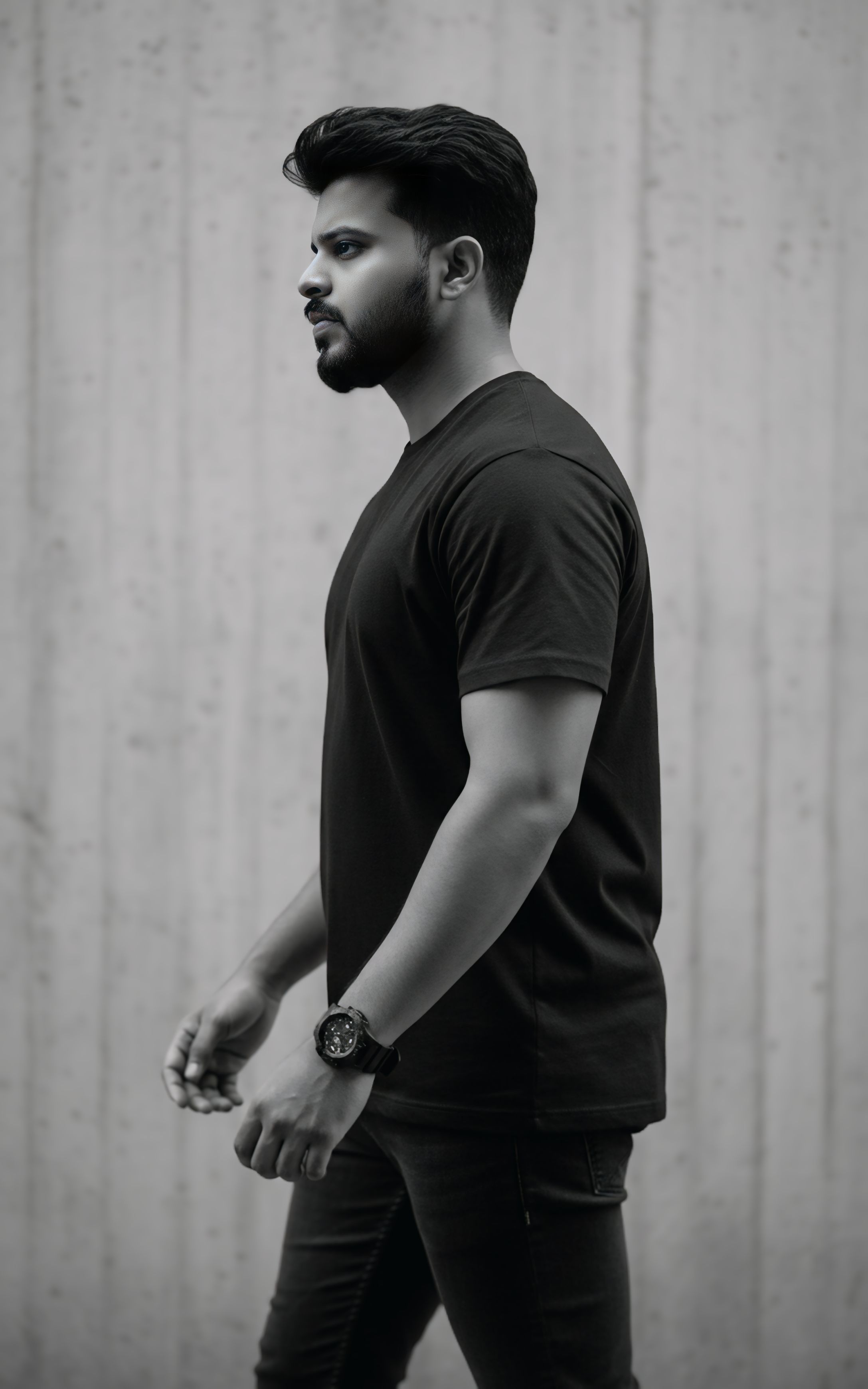 A cinematic black and white portrait of a young man walking in profile view, wearing a loose black T-shirt and fitted jeans, with strong contrast from side lighting.