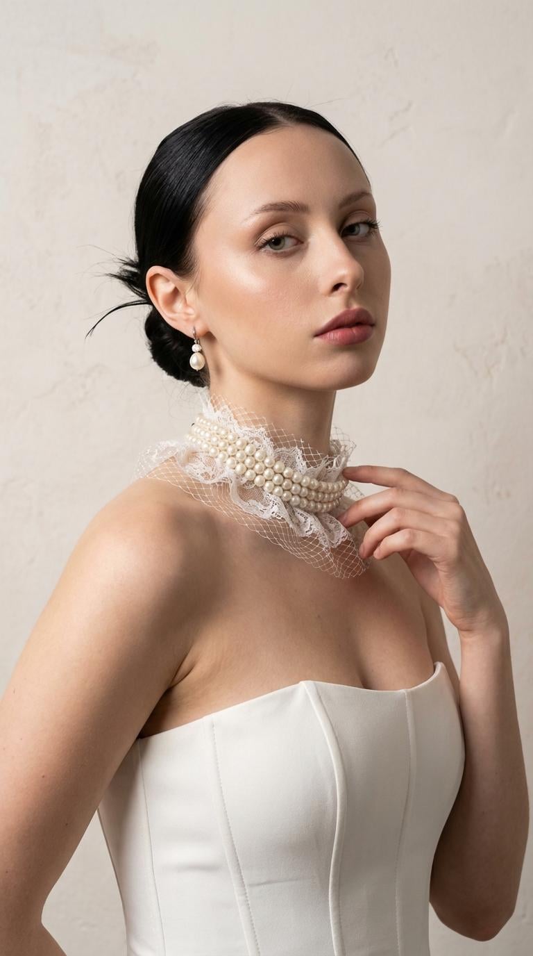 Model wearing a white corset and layered pearl necklace against a textured pale plaster wall, soft lighting enhances features.