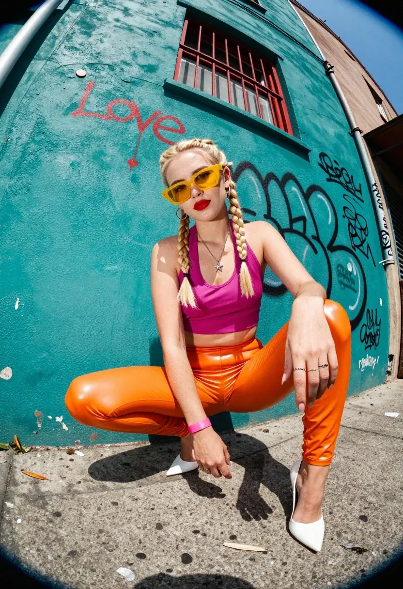 Young Woman With Blonde Hair Styled Two Braids Crouches Concrete
