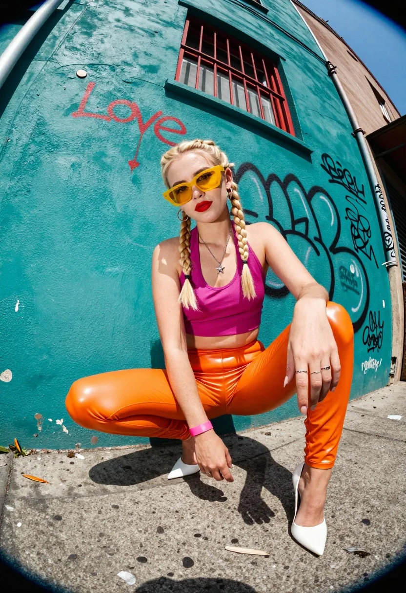 Young Woman With Blonde Hair Styled Two Braids Crouches Concrete