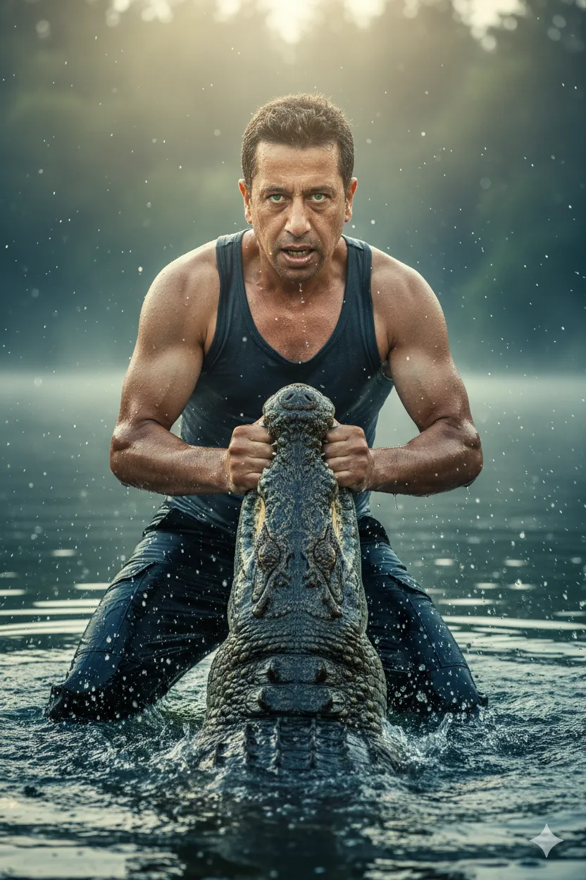 Man Wrestling A Crocodile In Lake