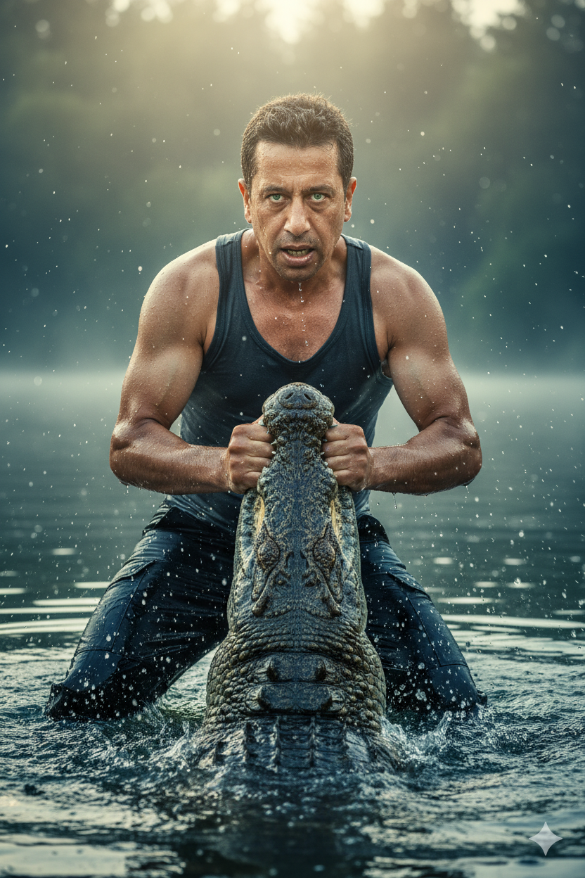 Man Wrestling A Crocodile In Lake