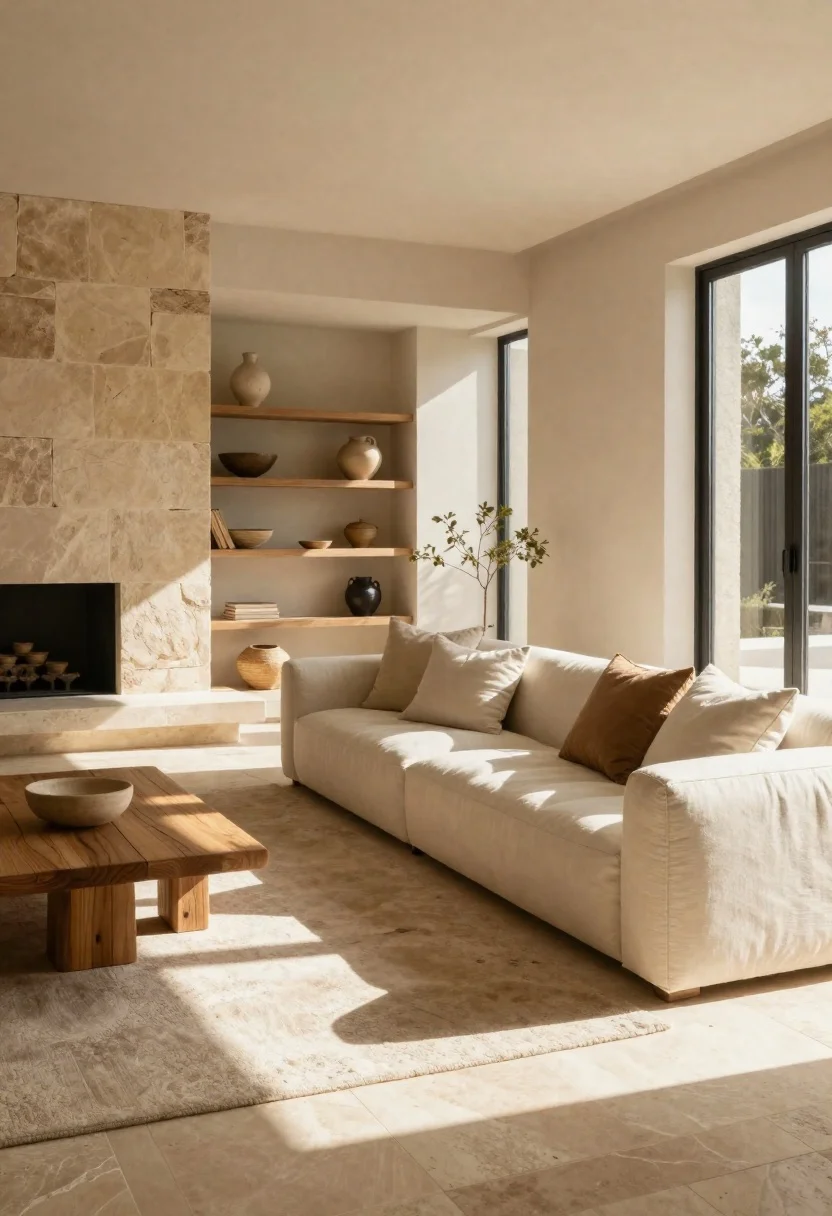 Sun-drenched Minimalist Living Room With Warm Earth Tones And Organic reference photo