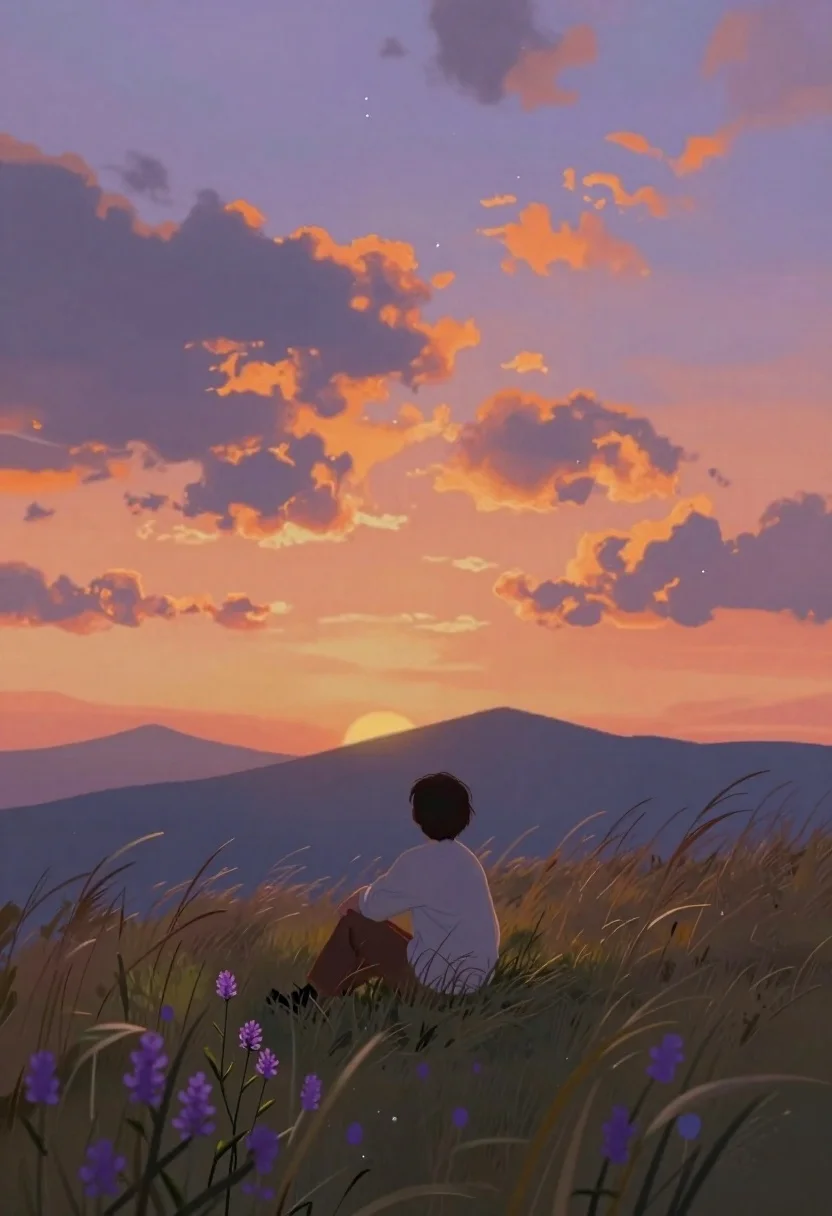 Digital Painting Lone Figure Sitting Meadow Twilight Under Dramatic Sky reference photo