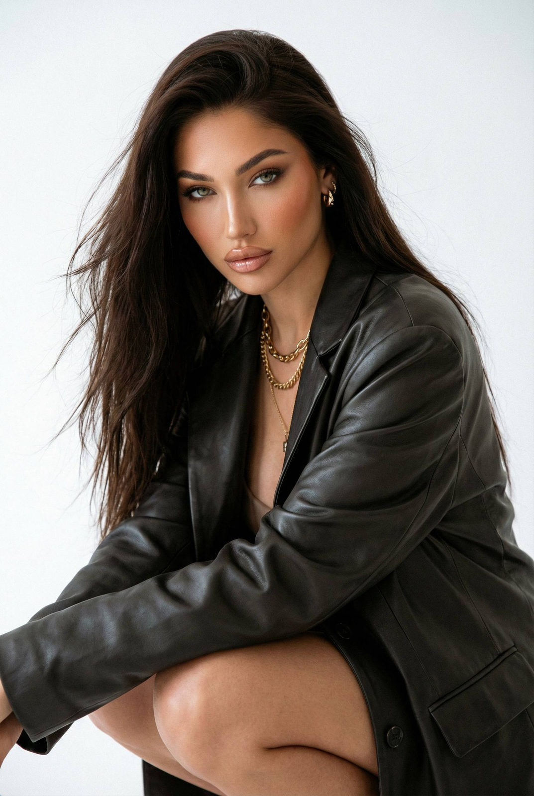 A confident woman in a leather jacket poses in a bright studio, showcasing her glam makeup and relaxed demeanor.
