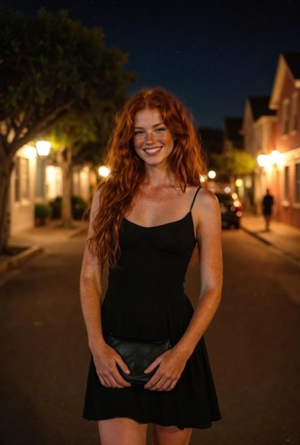 Black Dress On Night Street With Clutch
