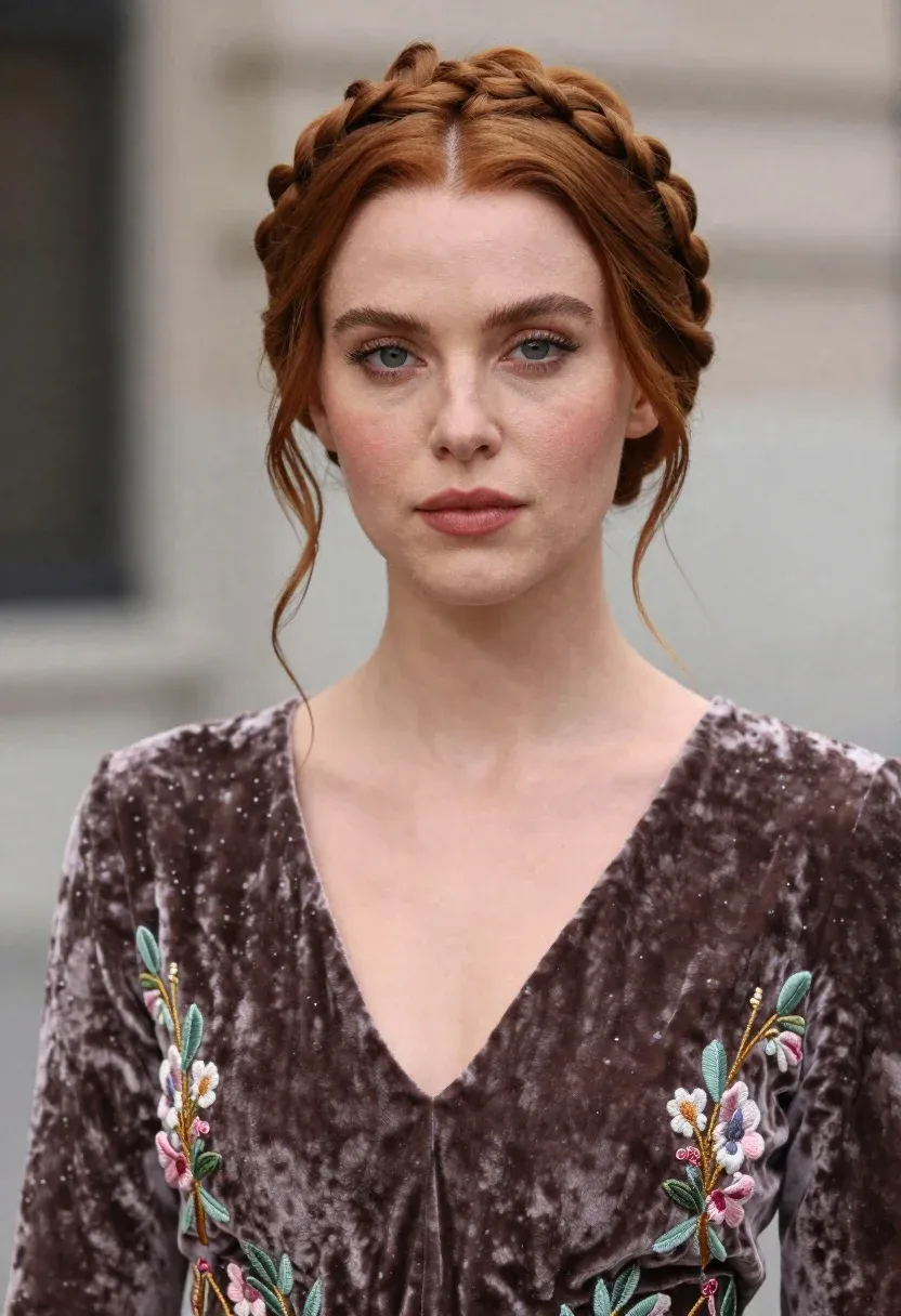 Close-up Portrait Woman With Reddish-brown Hair Styled Intricate Braided Crown