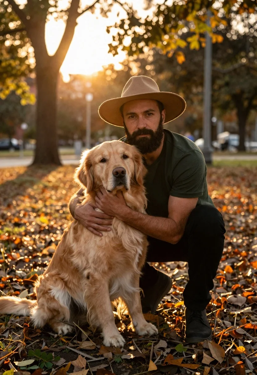 Portrait Man Crouching With His Golden Retriever Autumn Park Sunset reference photo