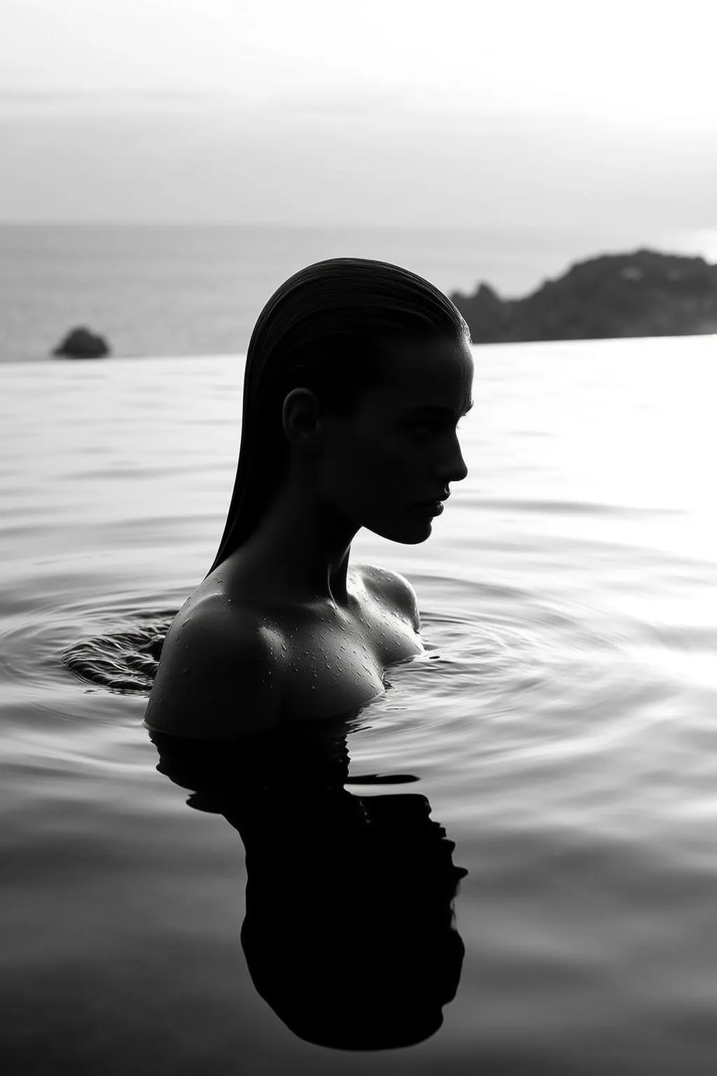 Photorealistic Medium Shot Black And White Portrait Young Woman Emerging