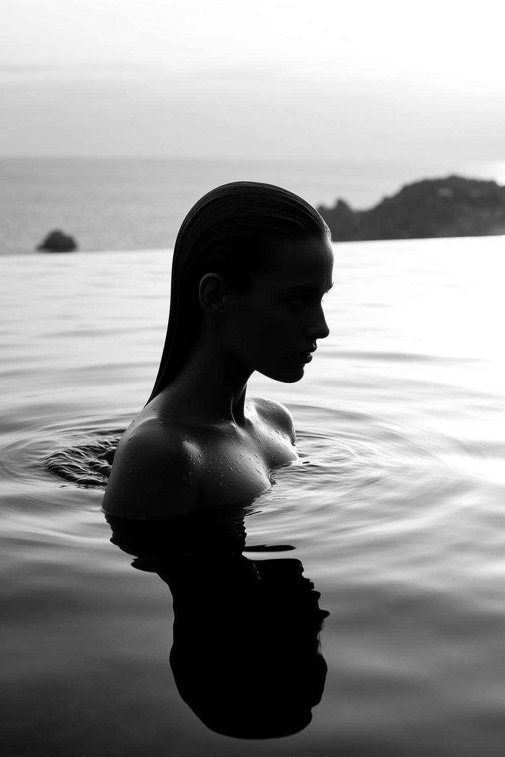 Photorealistic Medium Shot Black And White Portrait Young Woman Emerging