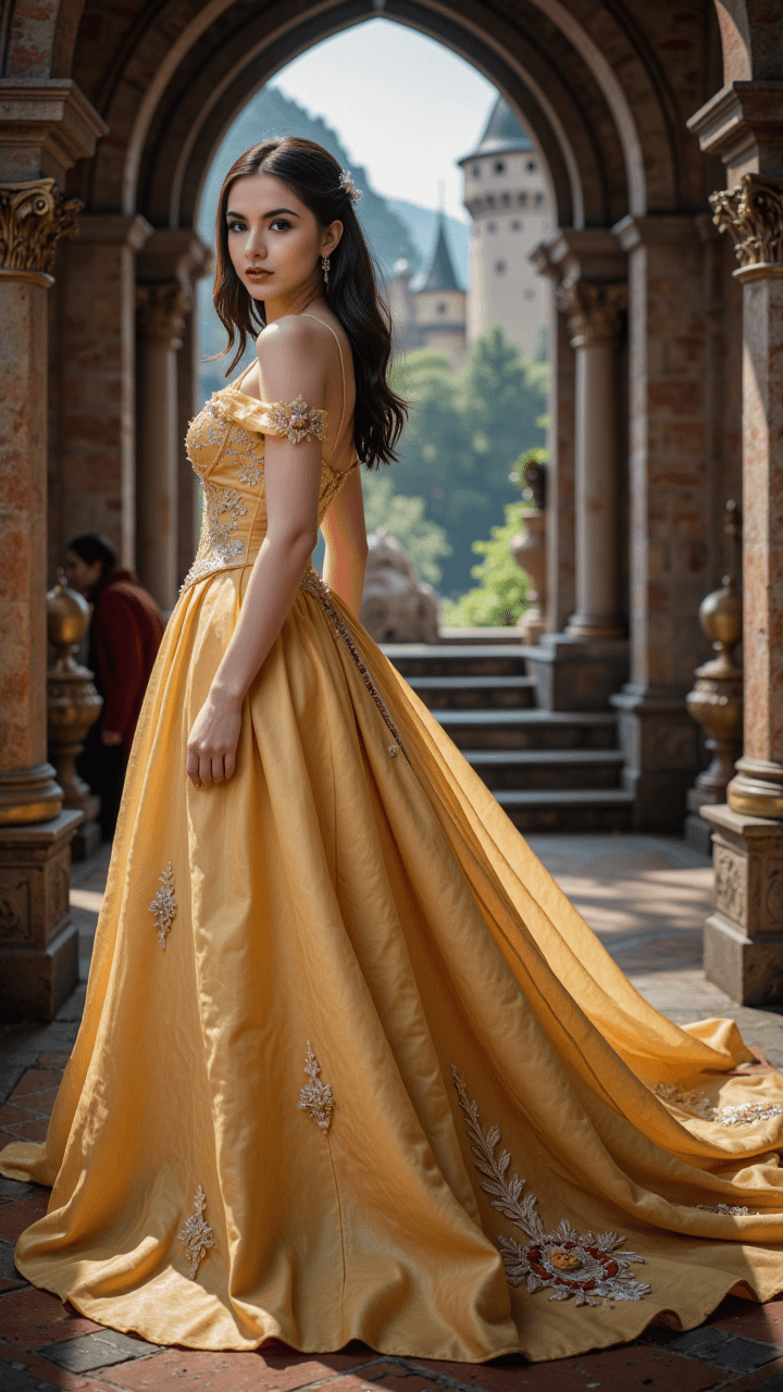 Golden Ball Gown In Stone Archway Castle Background
