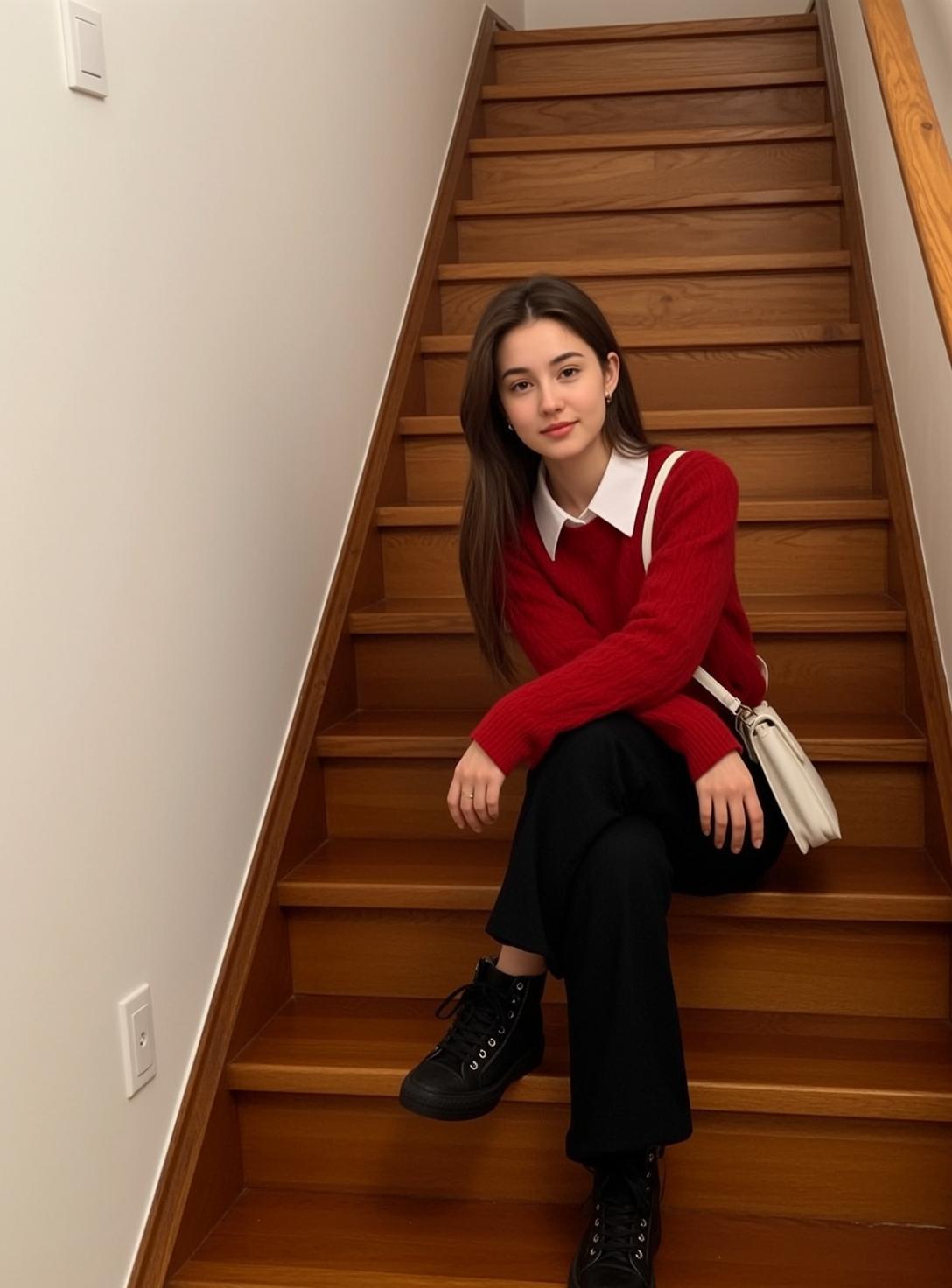 Red Sweater Sitting On Wooden Stairs