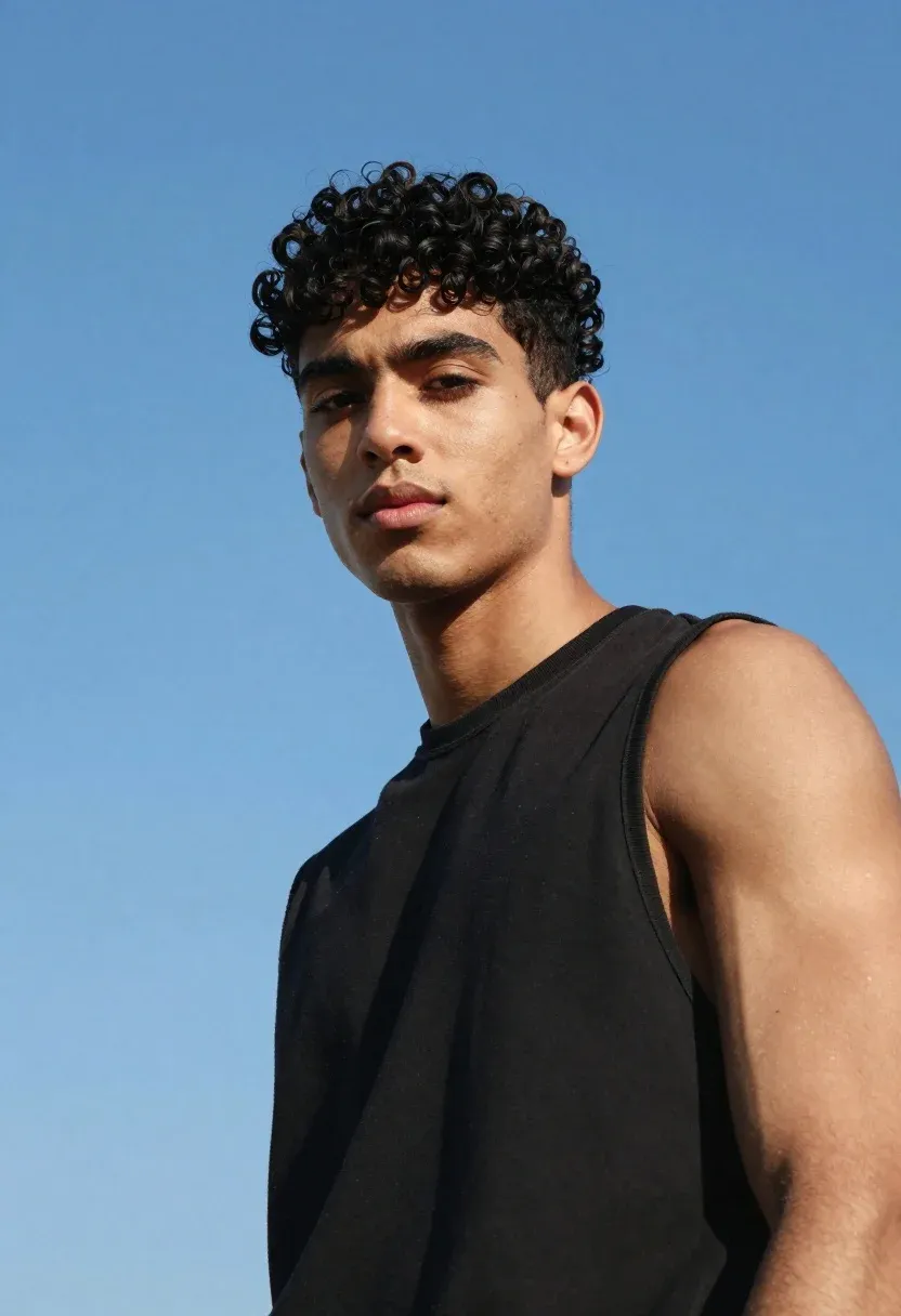 Portrait Young Man With Dark Curly Hair And Defined Features
