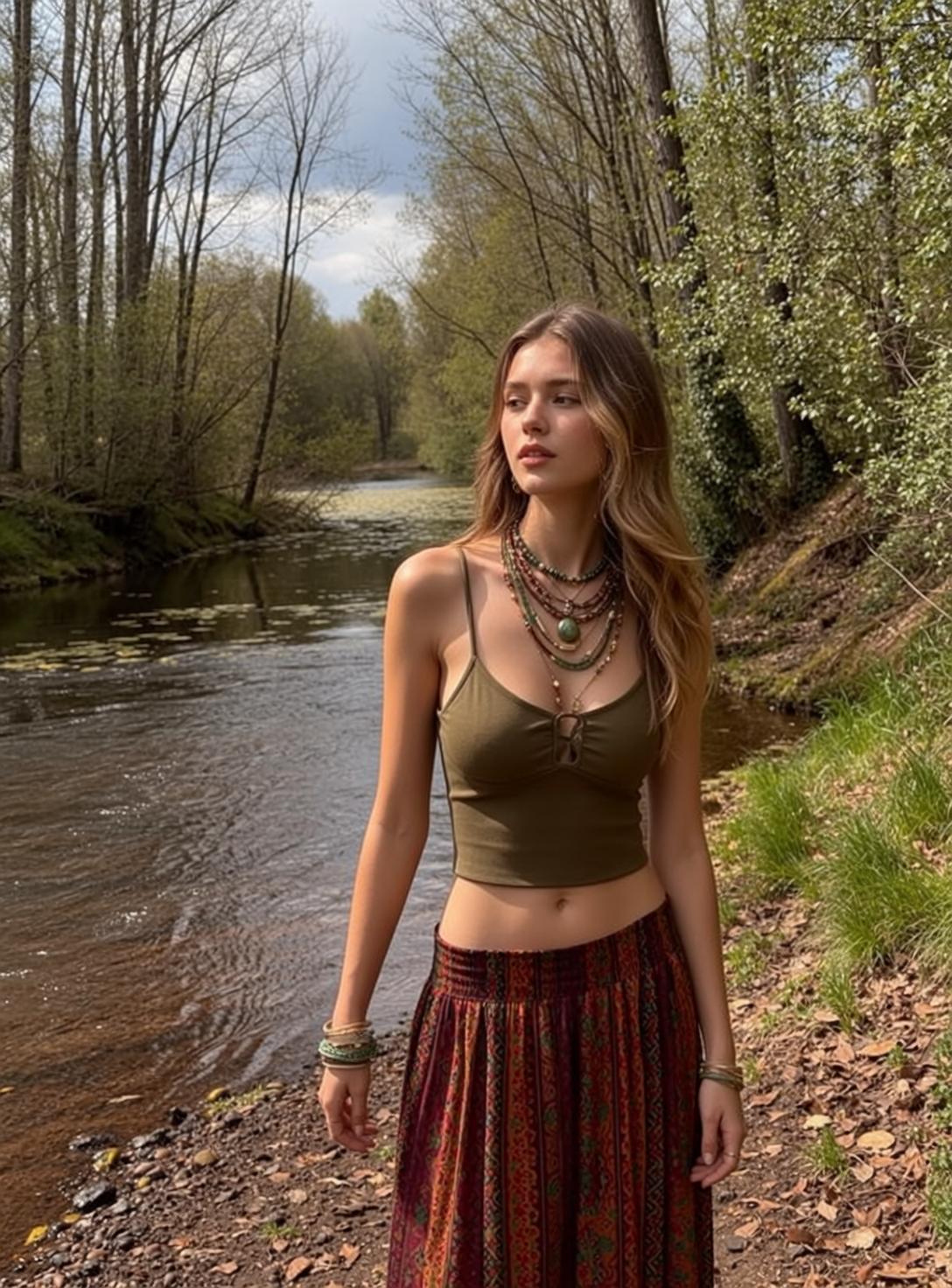 Blonde Woman Bohemian Forest Riverbank Natural Light