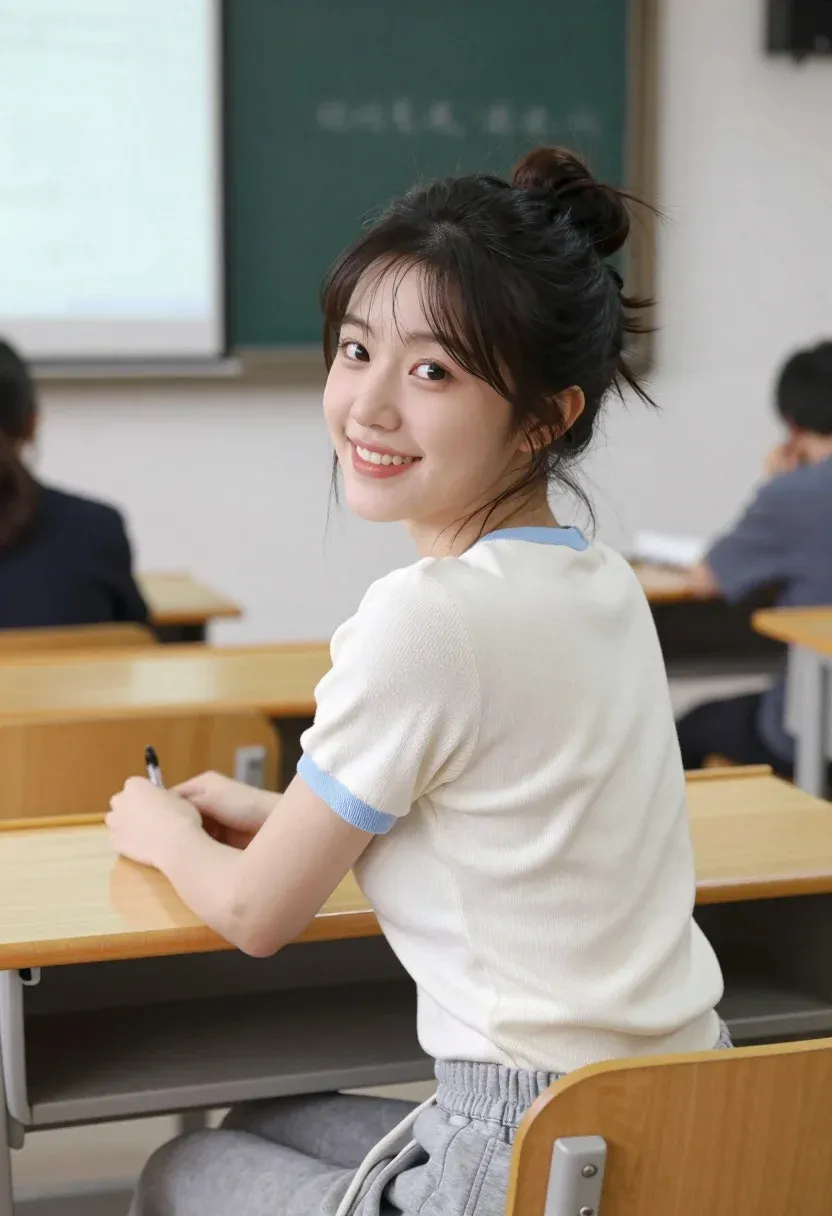 Young Woman With Dark Hair Tied Messy Bun Smiles Warmly