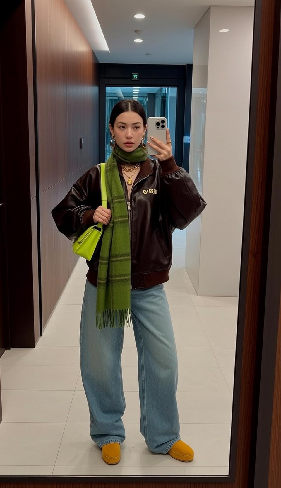 Leather Jacket Green Scarf Selfie
