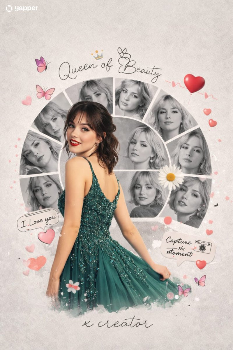 A woman in a sleeveless emerald green gown with embellishments, surrounded by pink butterflies and a collage of black and white portraits.