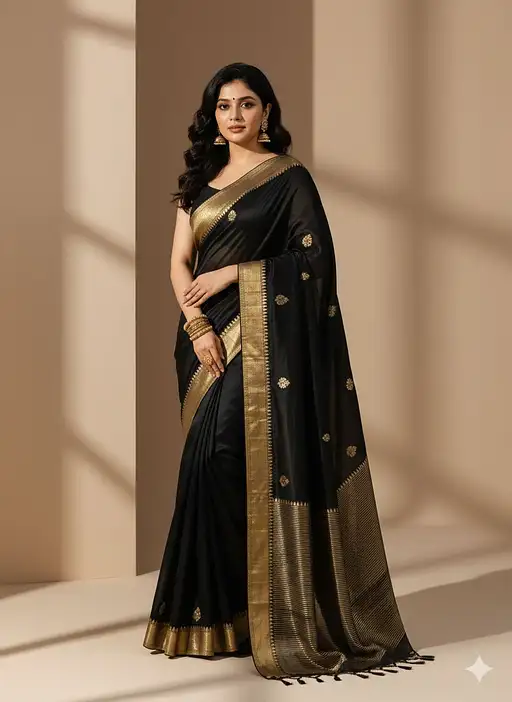 Face Exact Mach Wearing Black Saree Golder Border Full-body Shot