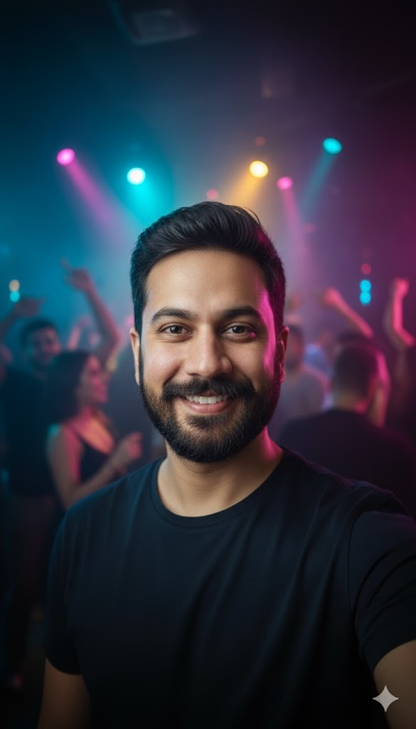 A captivating hyper-realistic selfie of a young adult in a brightly lit nightclub, showcasing a natural smile and vibrant ambient lighting.