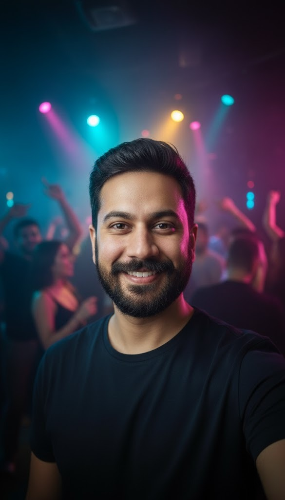 A captivating hyper-realistic selfie of a young adult in a brightly lit nightclub, showcasing a natural smile and vibrant ambient lighting.